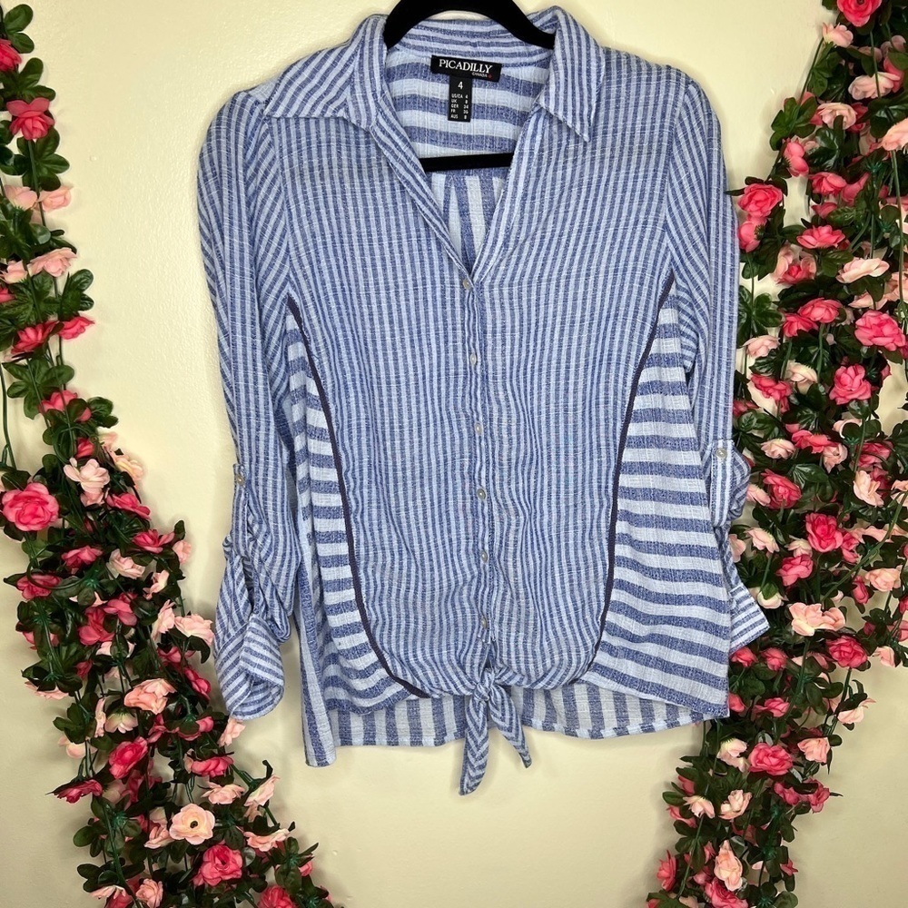 Picadilly Blue White Button Up Blouse Womens 4 Casual Flowy Comfort Work Office